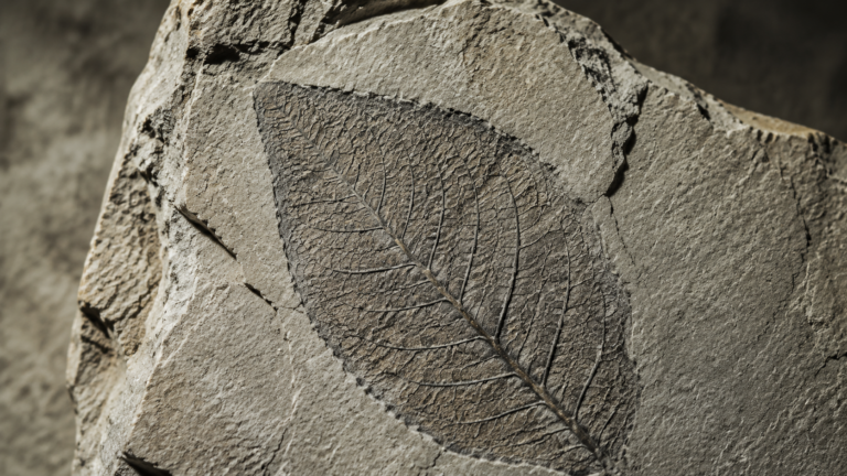 Empreinte fossile d’une feuille dans une roche gris clair, nervures fines visibles en gros plan