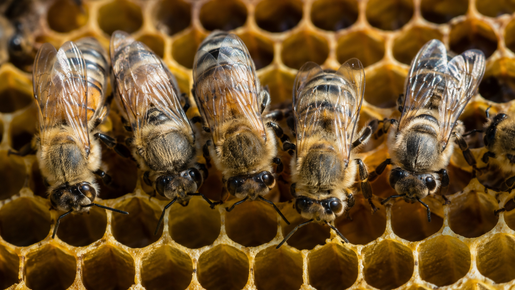 Des abeilles ouvrières côte à côte sur les alvéoles d’un rayon de cire