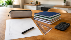 Liste de fournitures scolaires posée sur une table de cuisine en bois, à côté d’une pile de cahiers neufs, d’une trousse, d’une équerre et d’une calculatrice