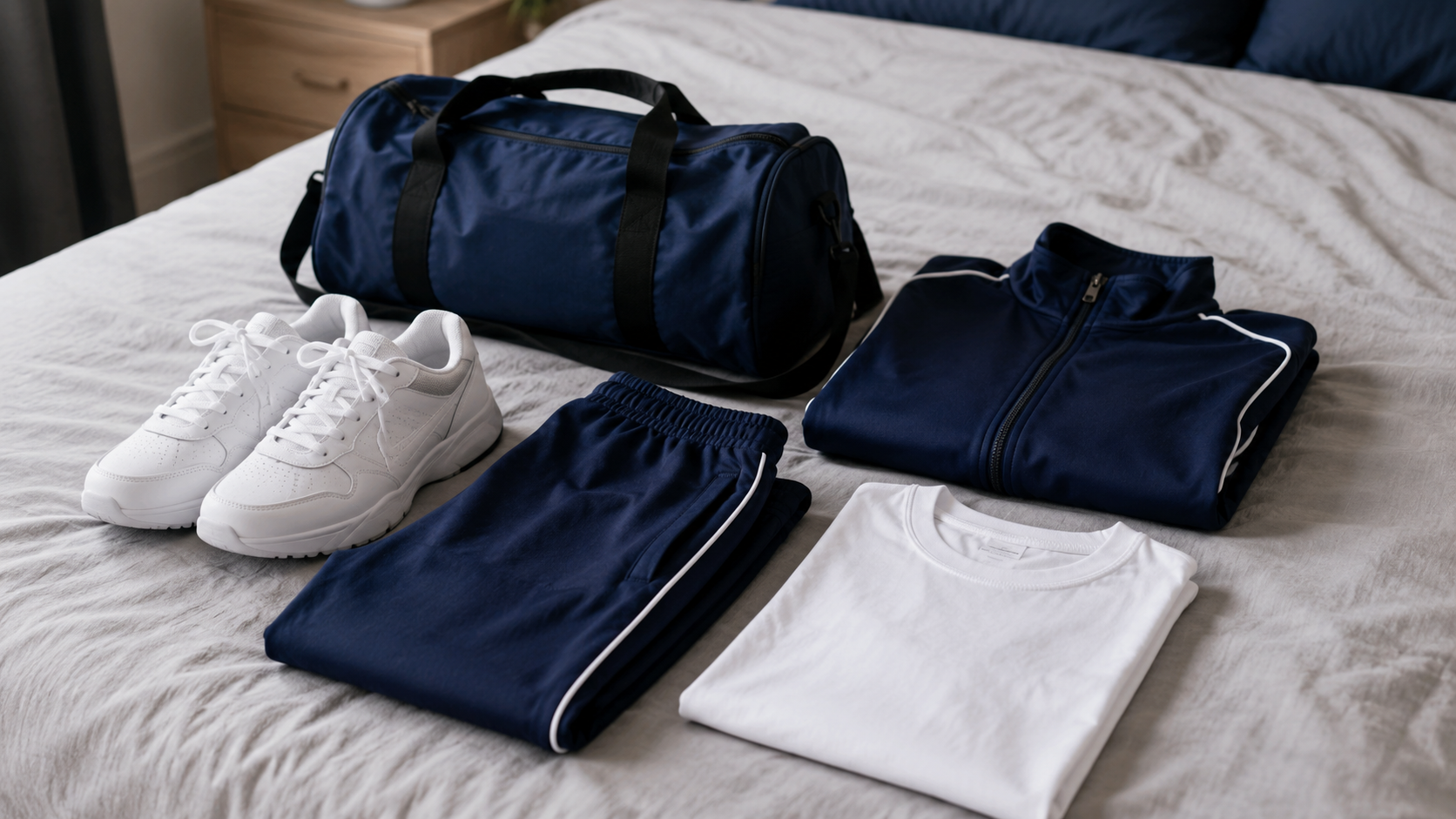 Tenue de sport scolaire posée sur un lit, baskets, survêtement plié, tee-shirt et sac de sport, sans marque visible