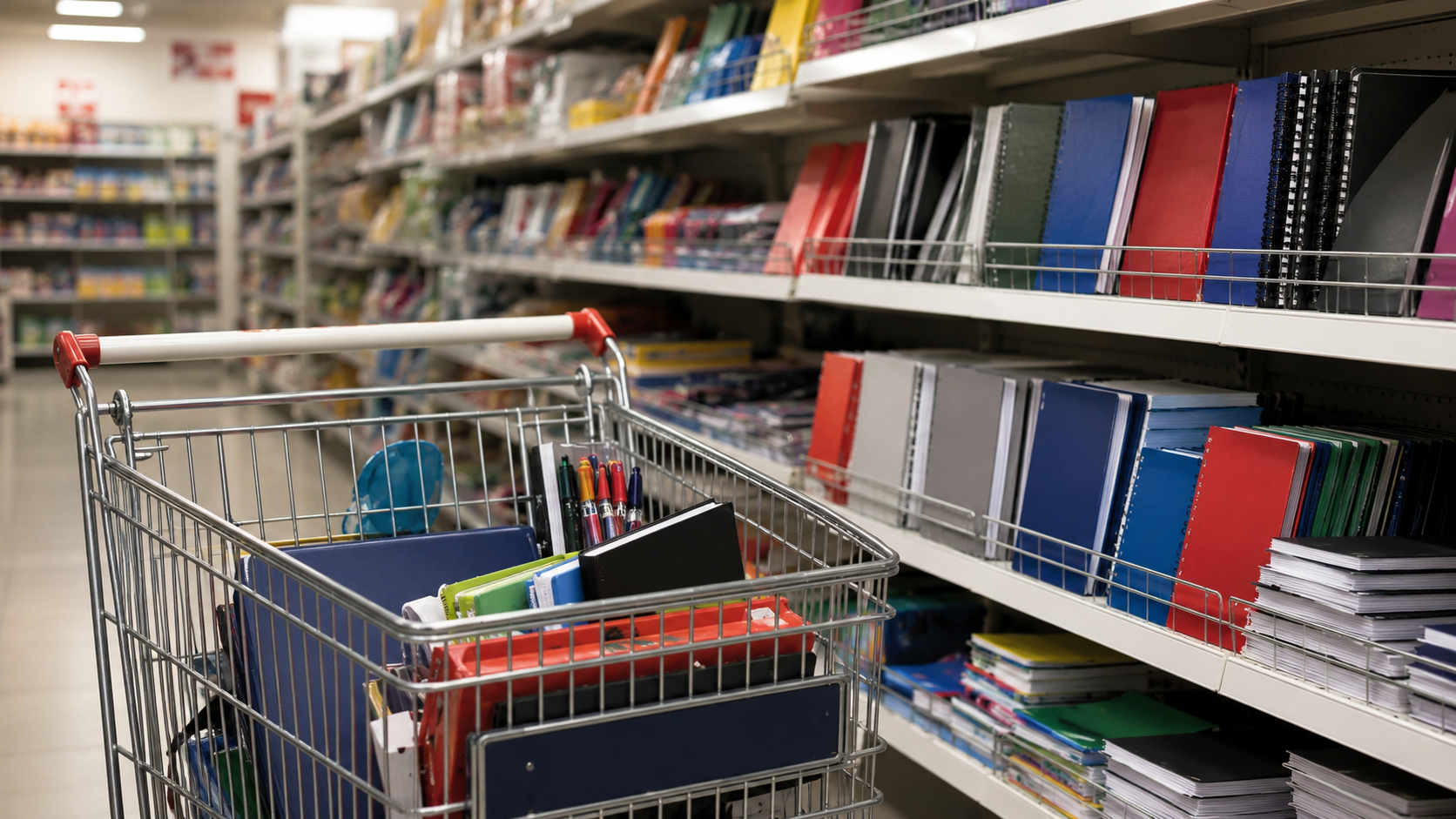 Rayon de fournitures scolaires en supermarché, cahiers et classeurs empilés sur les étagères, caddie à moitié rempli au premier plan