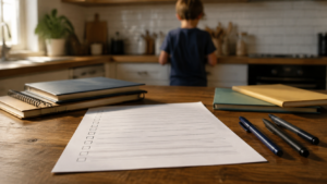 Une liste de fournitures imprimée posée sur une table de cuisine, à côté de cahiers et de stylos sans marque visible, un enfant de dos et flou en arrière-plan.