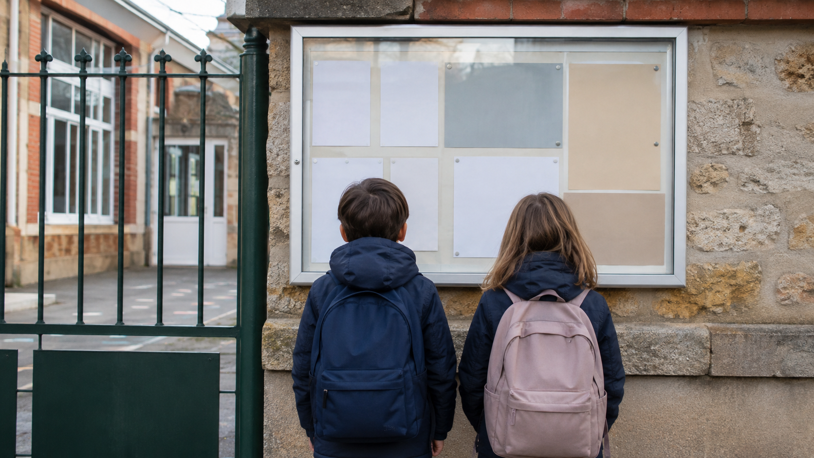 Deux enfants de dos, cartable sur le dos, devant le panneau d'affichage d'une école élémentaire.