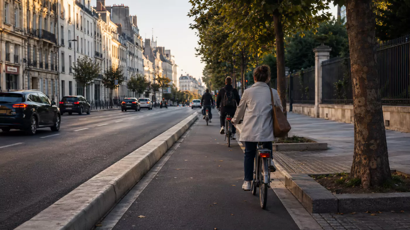 Piste cyclable séparée de la chaussée par une bordure plantée d’arbres, dans une rue de ville française au petit matin, avec des cyclistes du quotidien de dos.