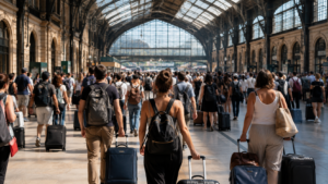 Hall de gare européen bondé en été, voyageurs avec valises et sacs à dos circulant dans toutes les directions sous une grande verrière.