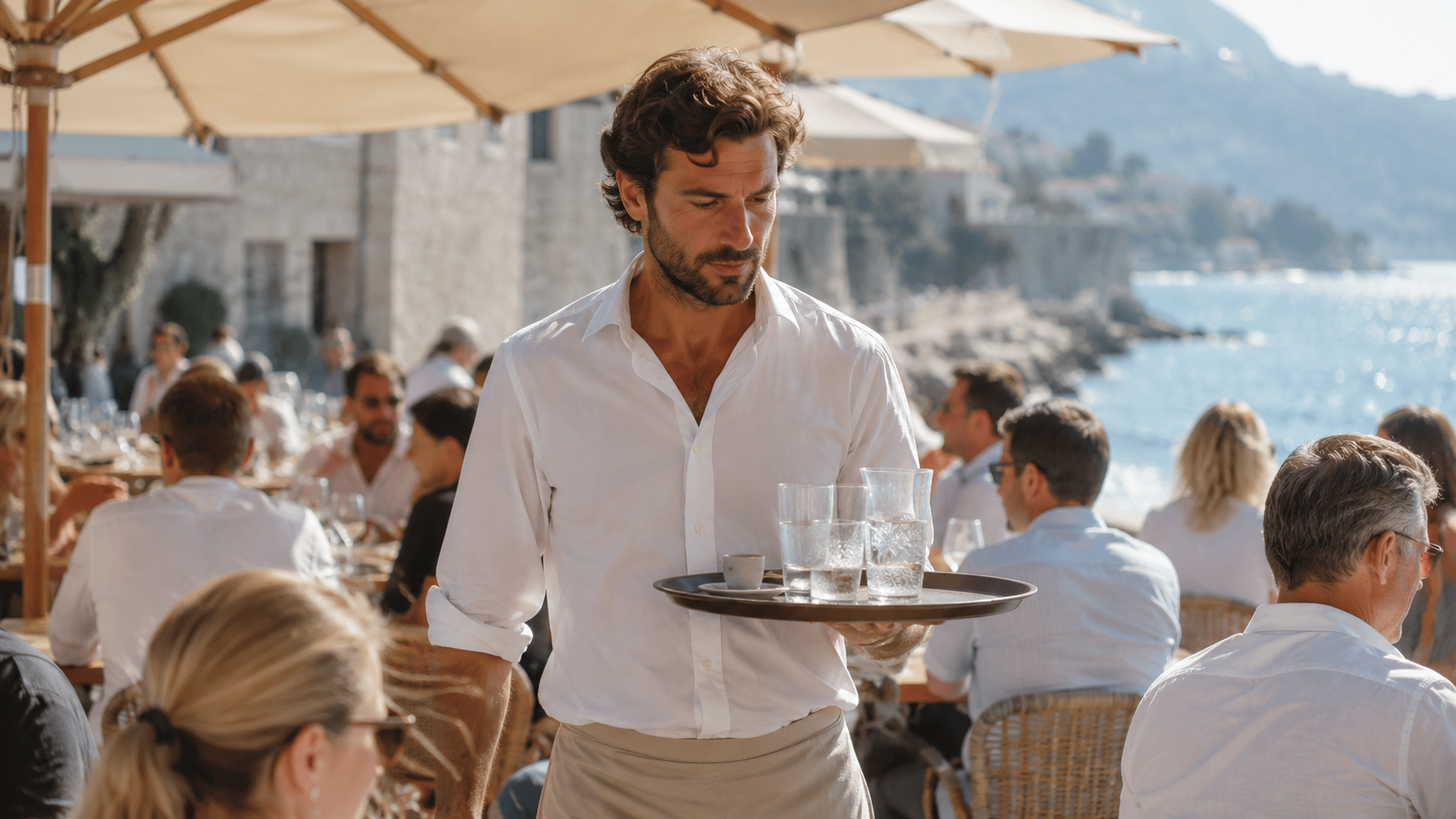 Terrasse d'un café en bord de mer dans le sud de la France à midi, serveur portant un plateau entre les tables occupées sous les parasols.