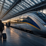 Un train à grande vitesse quitte un vaste terminal ferroviaire au petit matin, sous une verrière d'acier, quelques voyageurs avec valises de dos sur le quai.