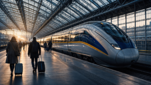 Un train à grande vitesse quitte un vaste terminal ferroviaire au petit matin, sous une verrière d'acier, quelques voyageurs avec valises de dos sur le quai.