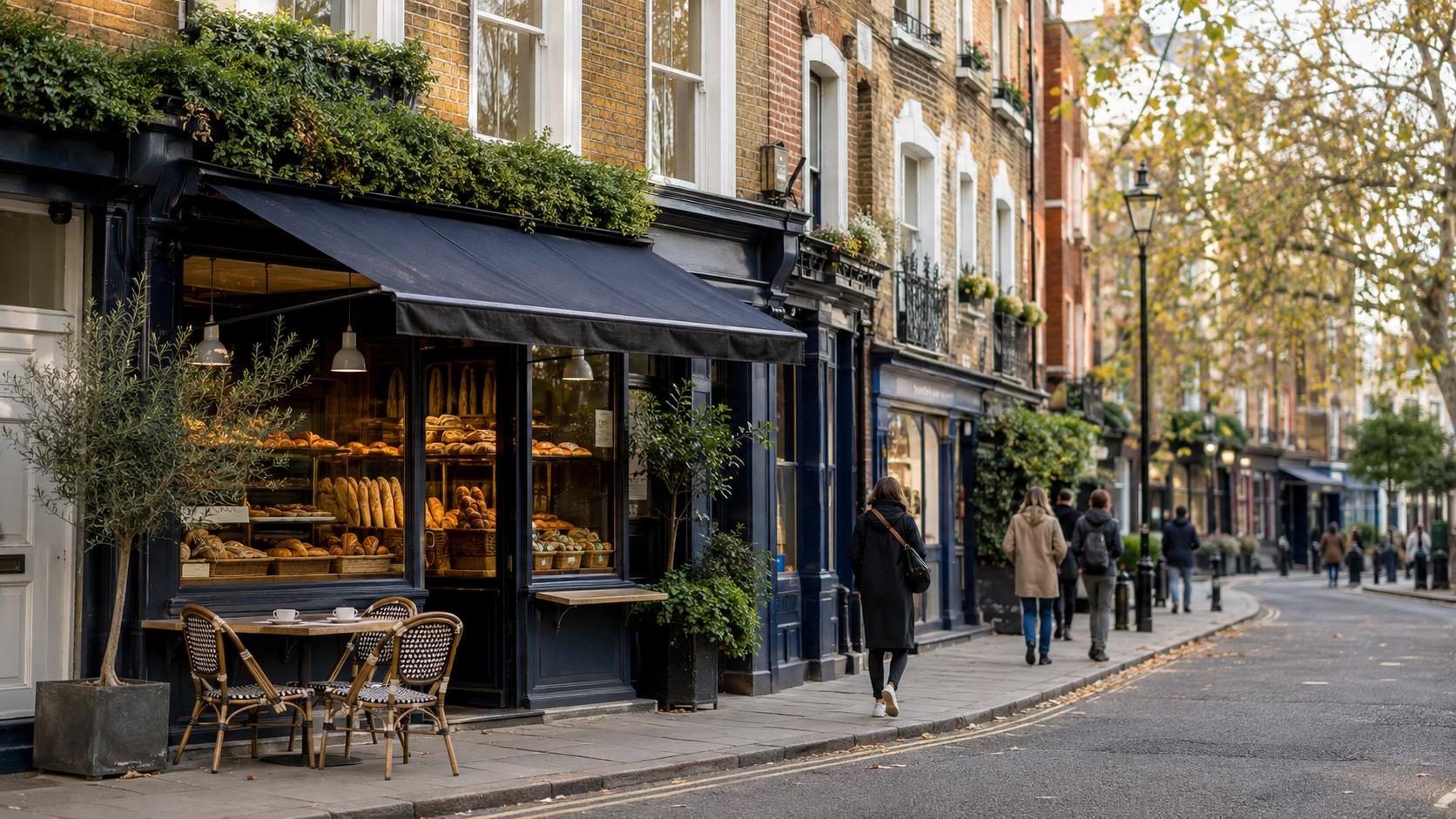 Rue d'un quartier résidentiel londonien animé, maisons de brique, devanture de petite boulangerie française, passants.