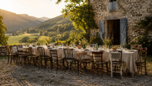 Longue table dressée devant une ferme en pierre d’une vallée des Vosges, quinze chaises dépareillées autour, lumière de fin d’été