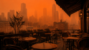 Ville plongée dans une brume orangée de fumée d’incendie, terrasse de café déserte au premier plan