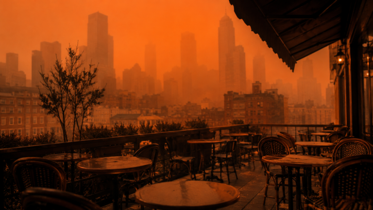 Ville plongée dans une brume orangée de fumée d’incendie, terrasse de café déserte au premier plan
