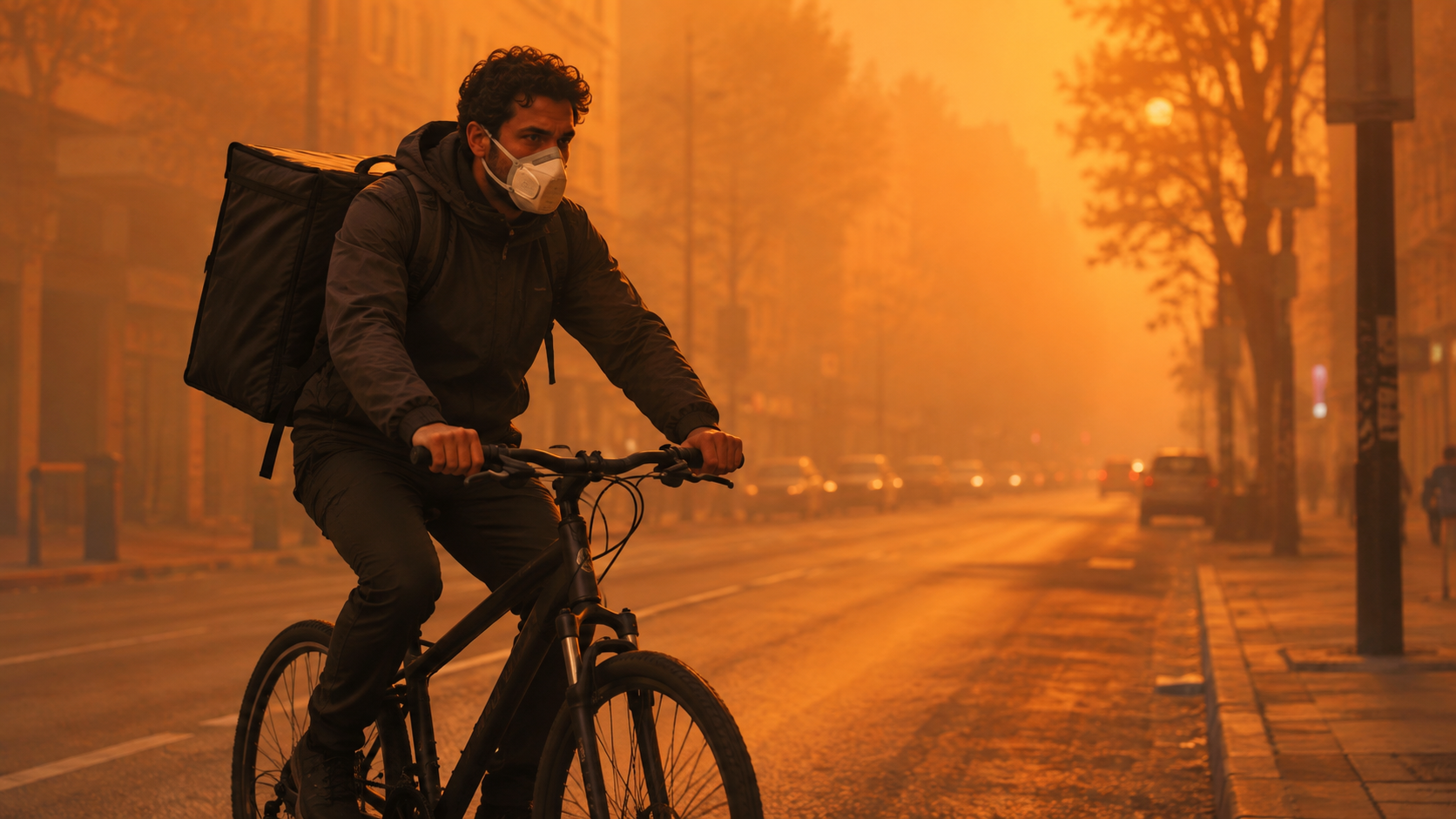 Livreur à vélo portant un masque respiratoire dans une rue voilée de fumée orangée