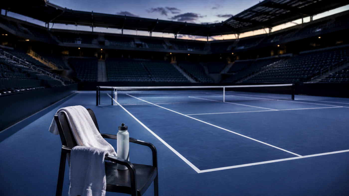 Court de tennis en dur bleu, vide au crépuscule dans un grand stade, avec une serviette et une gourde posées sur une chaise de bord de court