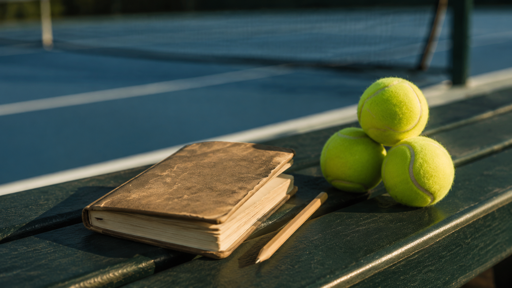 Carnet usé et crayon posés sur un banc de bord de court, à côté d’une pile de balles de tennis