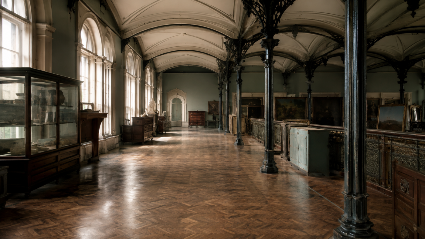 Galerie de musée victorienne vide à l’étage, hautes fenêtres en arc, colonnes de fonte et parquet nu dans une lumière de matin