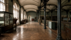 Galerie de musée victorienne vide à l’étage, hautes fenêtres en arc, colonnes de fonte et parquet nu dans une lumière de matin