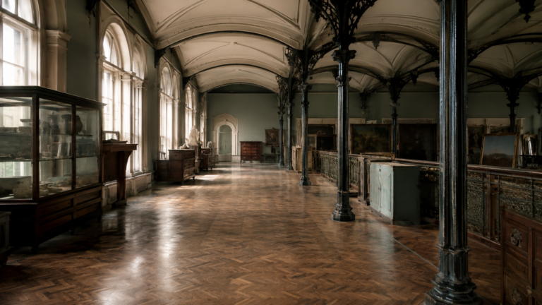 Galerie de musée victorienne vide à l’étage, hautes fenêtres en arc, colonnes de fonte et parquet nu dans une lumière de matin