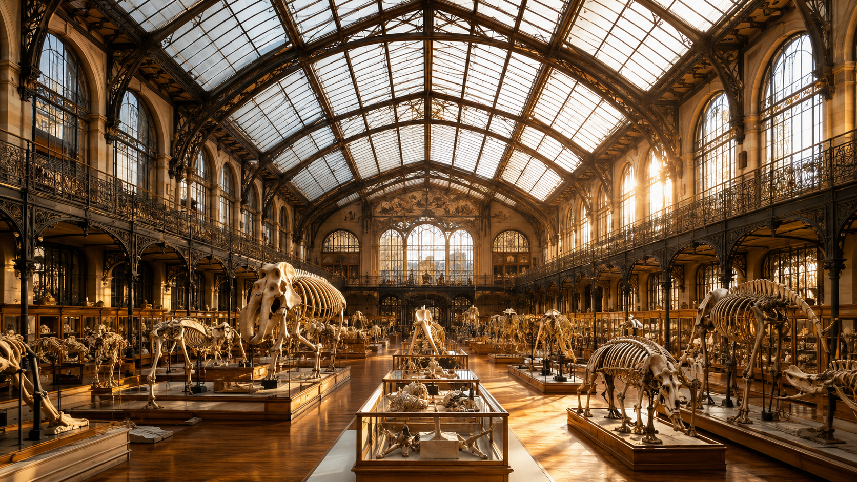 Vaste nef d’une galerie d’histoire naturelle parisienne du XIXe siècle, verrière et charpente métallique, lumière chaude de fin d’après-midi