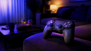 Manette de jeu posée sur l'accoudoir d'un canapé dans un salon sombre éclairé par la lueur d'un écran hors champ