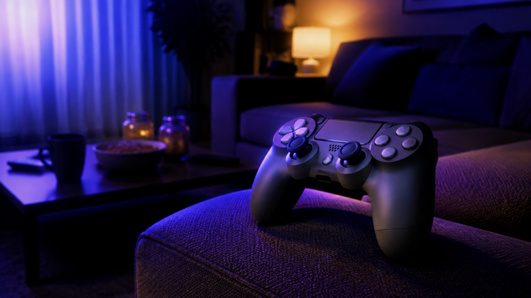 Manette de jeu posée sur l'accoudoir d'un canapé dans un salon sombre éclairé par la lueur d'un écran hors champ