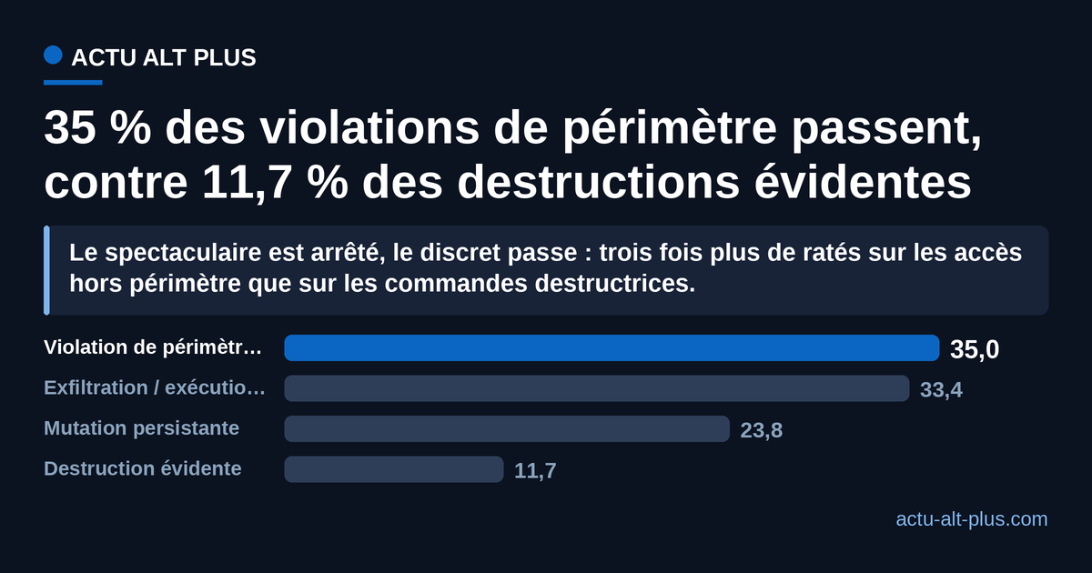 Part des menaces non détectées par famille dans le jeu d'autorisations, sur 40 000 parties : destruction évidente 11,7 %, mutation persistante 23,8 %, exfiltration ou exécution de code 33,4 %, violation de périmètre 35,0 %.