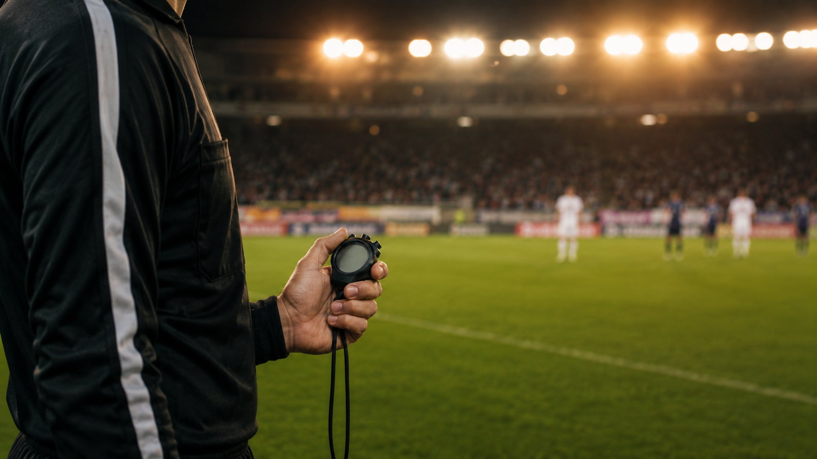 Gros plan sur la main d'un arbitre de football pressant un chronomètre, pelouse verte et joueurs flous en arrière-plan, lumière des projecteurs.