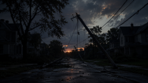 Rue résidentielle américaine à la tombée du jour, un poteau électrique brisé penché au-dessus de la chaussée, lignes pendantes et branches à terre, maisons sans aucune fenêtre éclairée.
