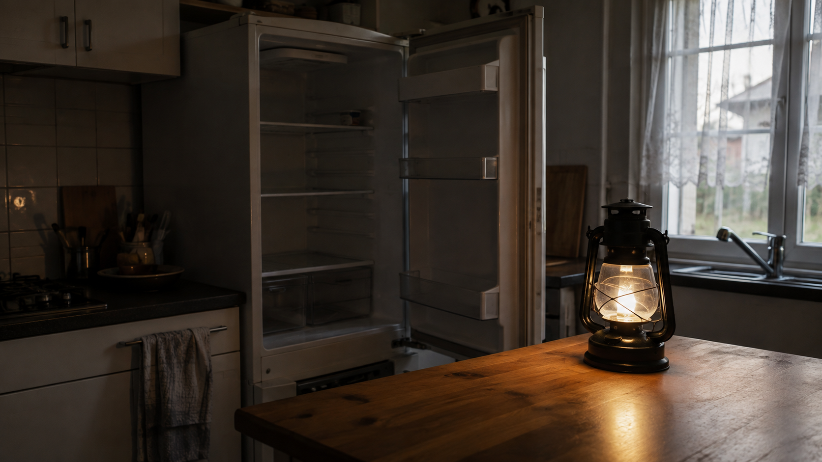 Cuisine modeste éclairée par la seule lumière du jour, porte de réfrigérateur ouverte sur un intérieur éteint, lanterne à piles posée sur le plan de travail.