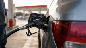 Gros plan sur un pistolet à carburant inséré dans le réservoir d'une voiture, une main sur la poignée de la pompe, station-service floue en arrière-plan.