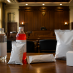 Une salle d'audience vide avec, au premier plan, des bouteilles de soda et des emballages sucrés aux étiquettes vierges posés sur une table