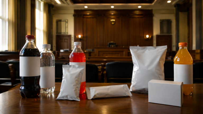 Une salle d'audience vide avec, au premier plan, des bouteilles de soda et des emballages sucrés aux étiquettes vierges posés sur une table