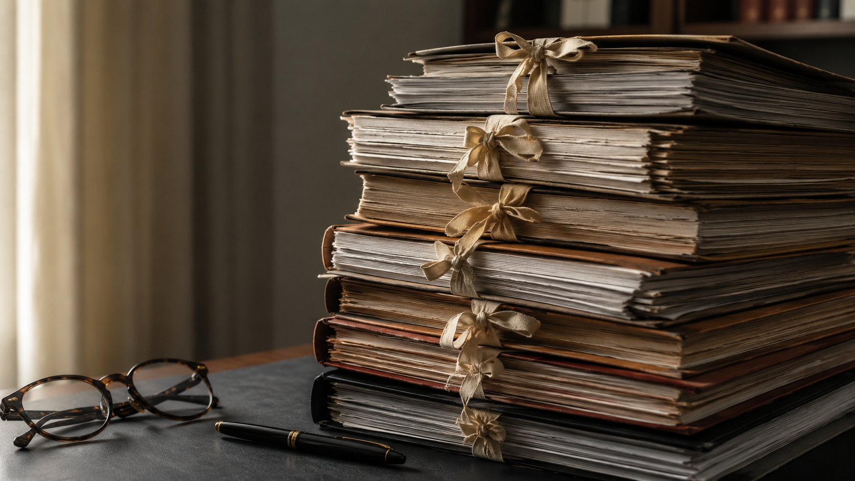 Une pile épaisse de dossiers juridiques et de chemises cartonnées nouées d'un ruban, entassées sur un bureau avec des lunettes et un stylo