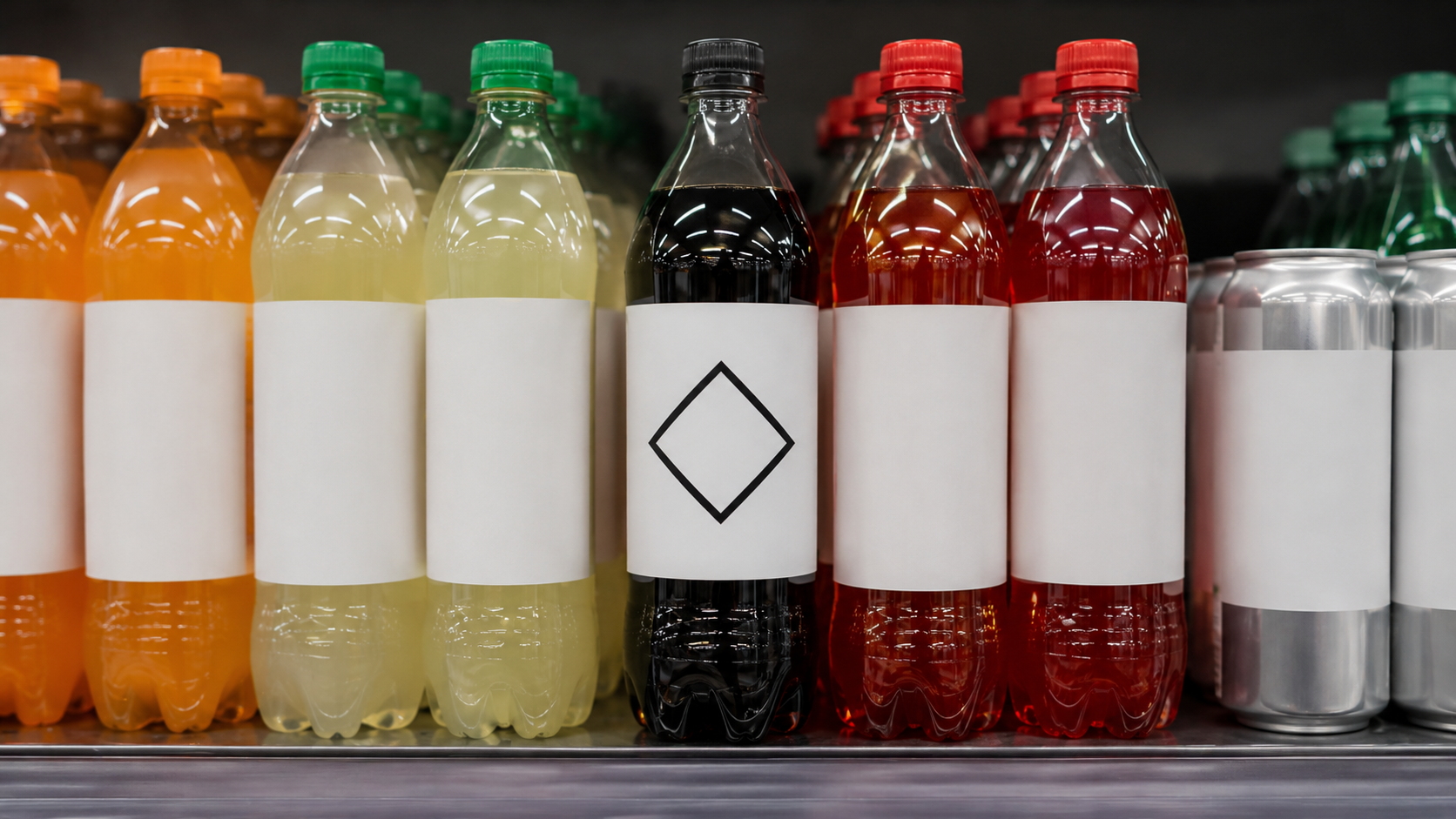 Un rayon de bouteilles génériques, l'une portant un losange noir d'avertissement sans texte, les autres aux étiquettes vierges