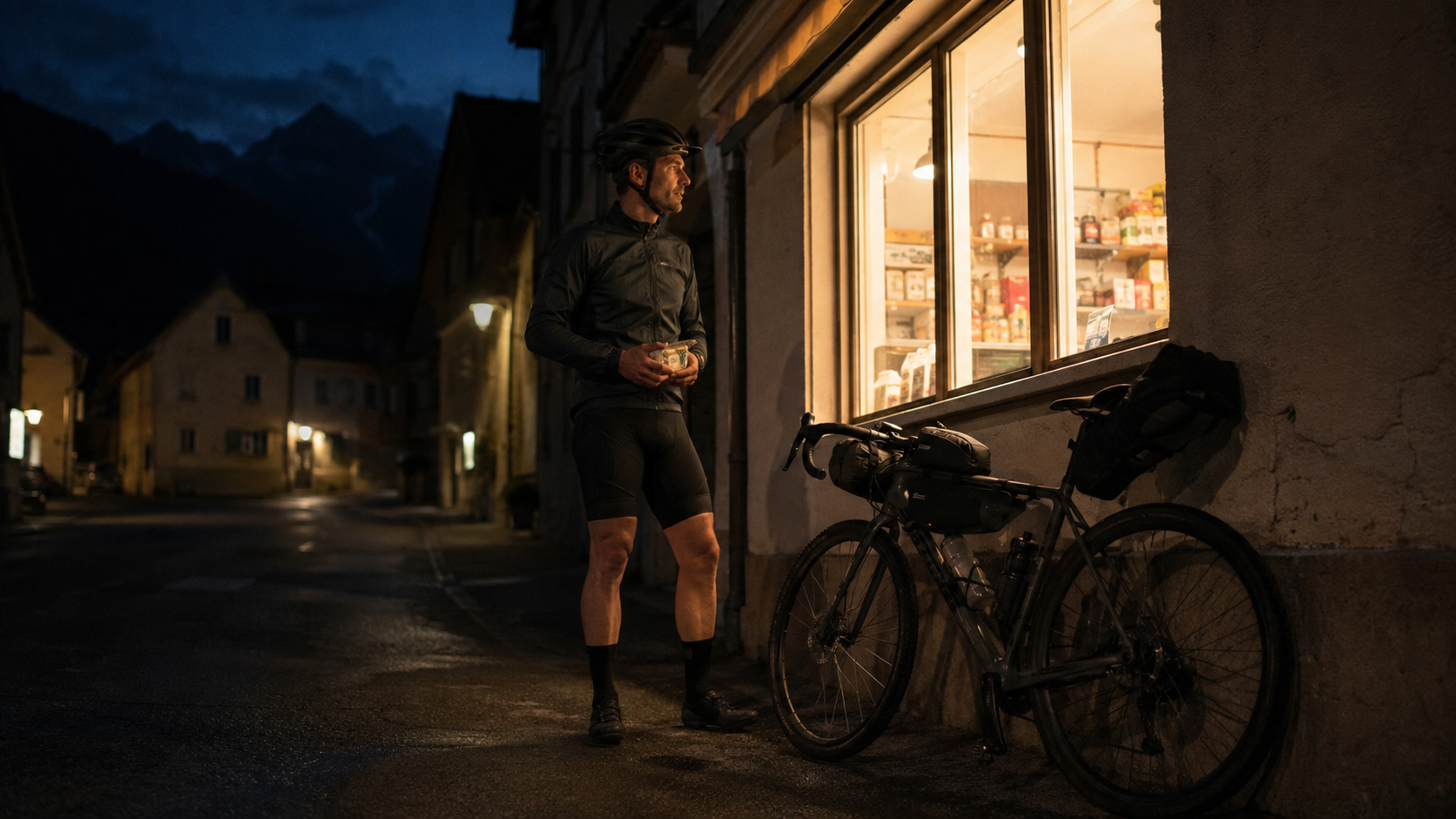 Cycliste arrêté de nuit devant la vitrine éclairée d’une petite supérette de vallée, son vélo appuyé contre la façade