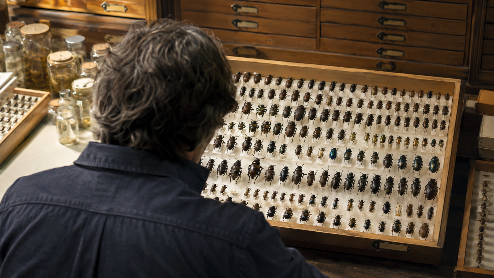 Entomologiste de dos examinant un tiroir de spécimens de coléoptères épinglés dans une collection de muséum