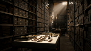 Salle d'archives photographiques aux rayonnages métalliques chargés de boîtes de négatifs, table lumineuse allumée dans un rai de lumière.