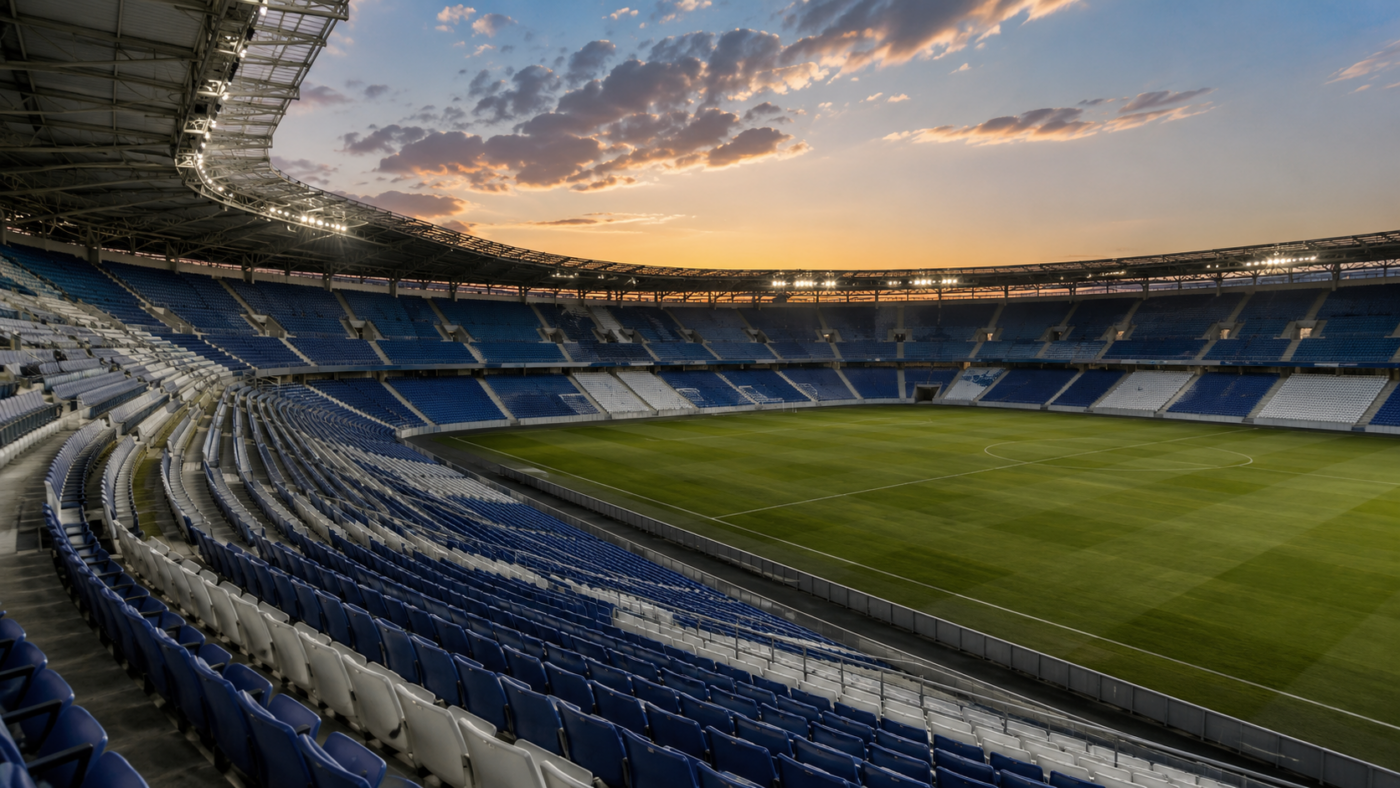 Tribúnes vides d'un grand stade de football au crépuscule, sièges bleus et blancs face à une pelouse déserte