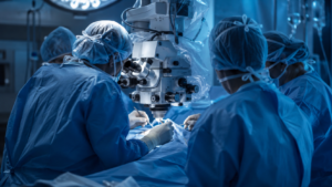 Bloc de neurochirurgie éclairé en lumière bleutée, équipe en tenue stérile vue de dos autour d’un microscope opératoire.