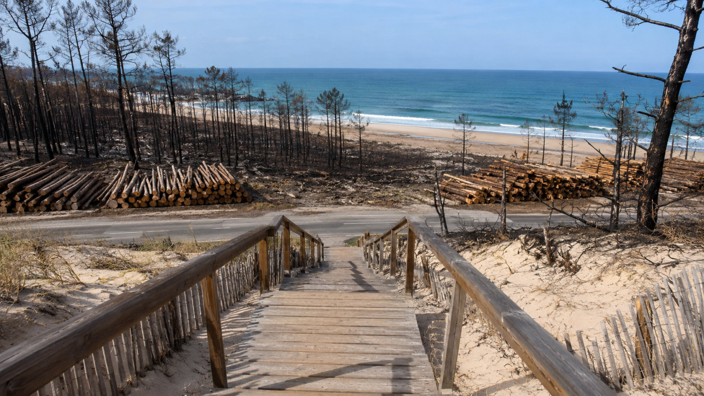 Escalier de bois franchissant une dune vers une plage océane, avec derrière la dune des pins brûlés et des troncs coupés empilés le long d’une route