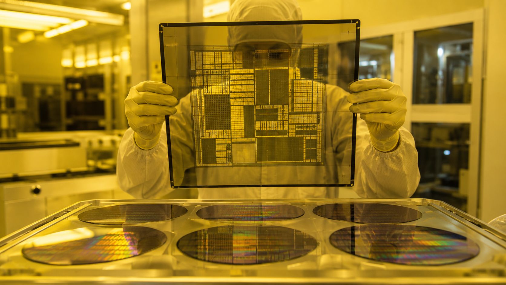 Main gantée tenant un masque de photolithographie au-dessus d'un plateau de tranches de silicium, sous l'éclairage jaune d'une salle blanche.