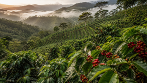 Plantation de café sur des collines embrumées, rangées d'arbustes aux cerises rouges
