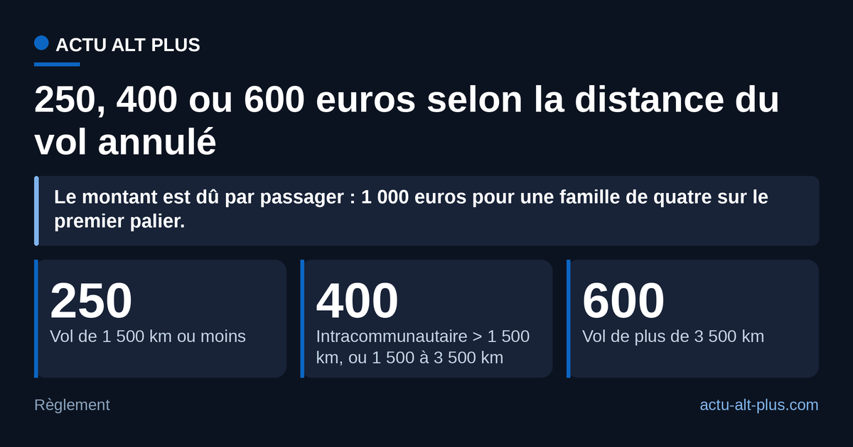 Le palier le plus court est le mieux payé au kilomètre : converti à la borne haute de chaque palier, le barème donne 167 euros par tranche de 1 000 kilomètres sur un vol de 1 500 km, contre 114 euros sur un vol de 3 500 km. Limite : le palier supérieur n’ayant pas de plafond de distance, il n’est pas convertible de la même façon.