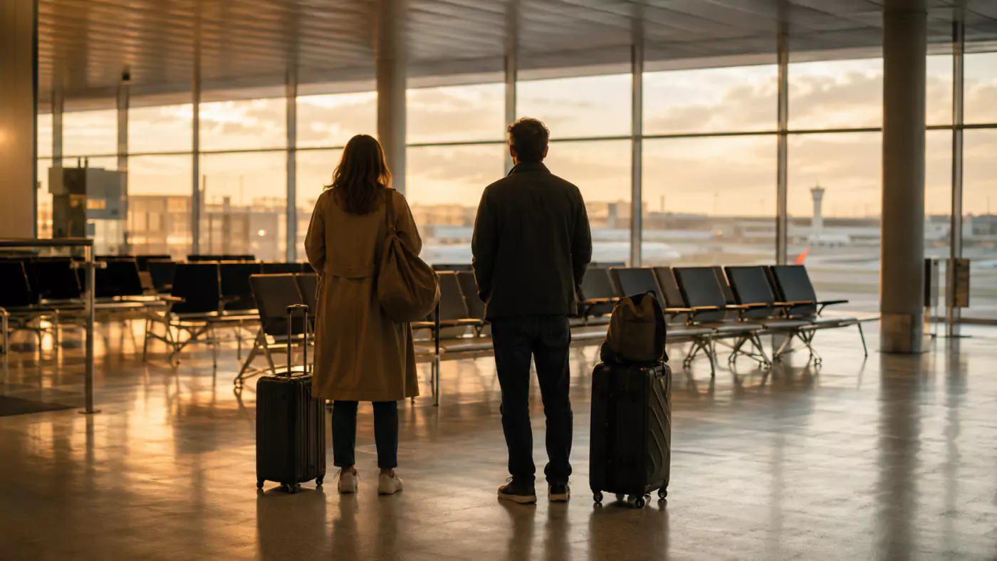 Hall de départ d’aéroport en fin de journée, deux voyageurs de dos immobiles avec leurs valises devant des rangées de sièges vides.