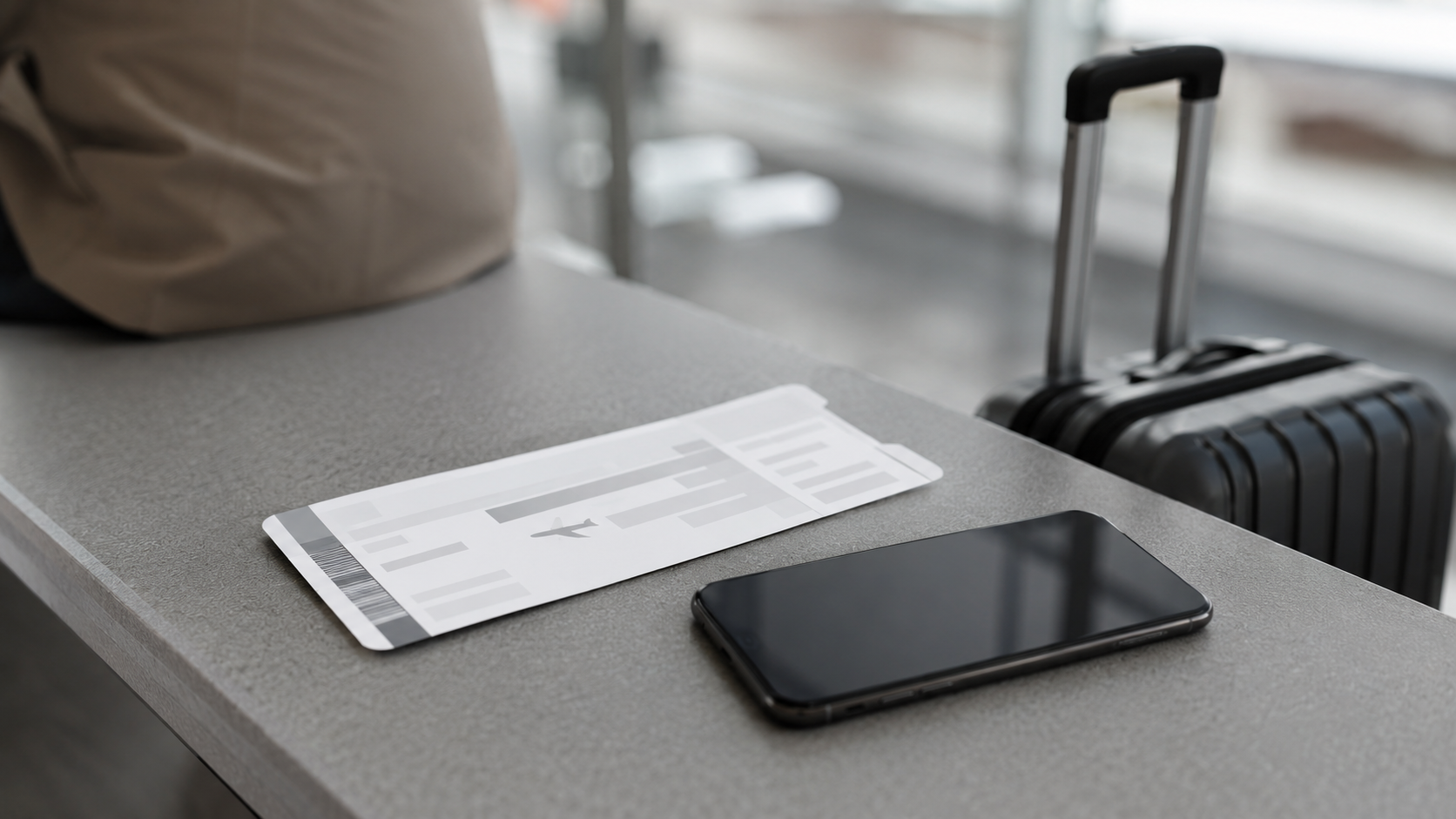Une carte d’embarquement en papier et un téléphone à l’écran éteint posés sur une table d’aéroport, une valise à roulettes derrière.