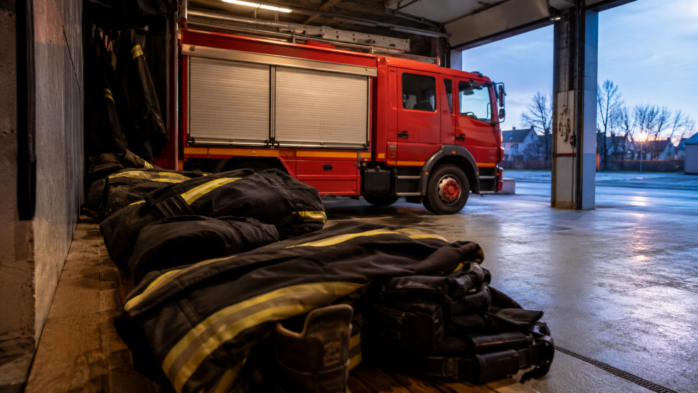 Engin de secours rouge stationné dans la remise d’une caserne, portes ouvertes sur la lumière du petit matin, tenues d’intervention pliées au premier plan.