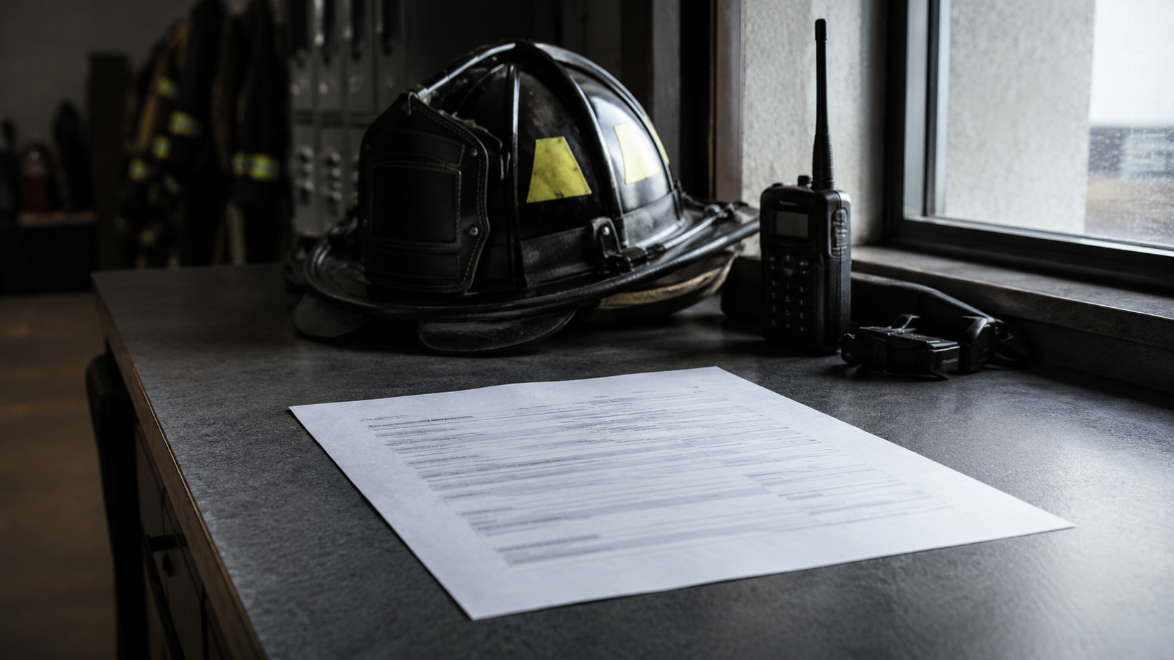 Bureau de garde d’une caserne : une feuille imprimée posée à côté d’un casque de sapeur-pompier et d’une radio, sans visage visible.