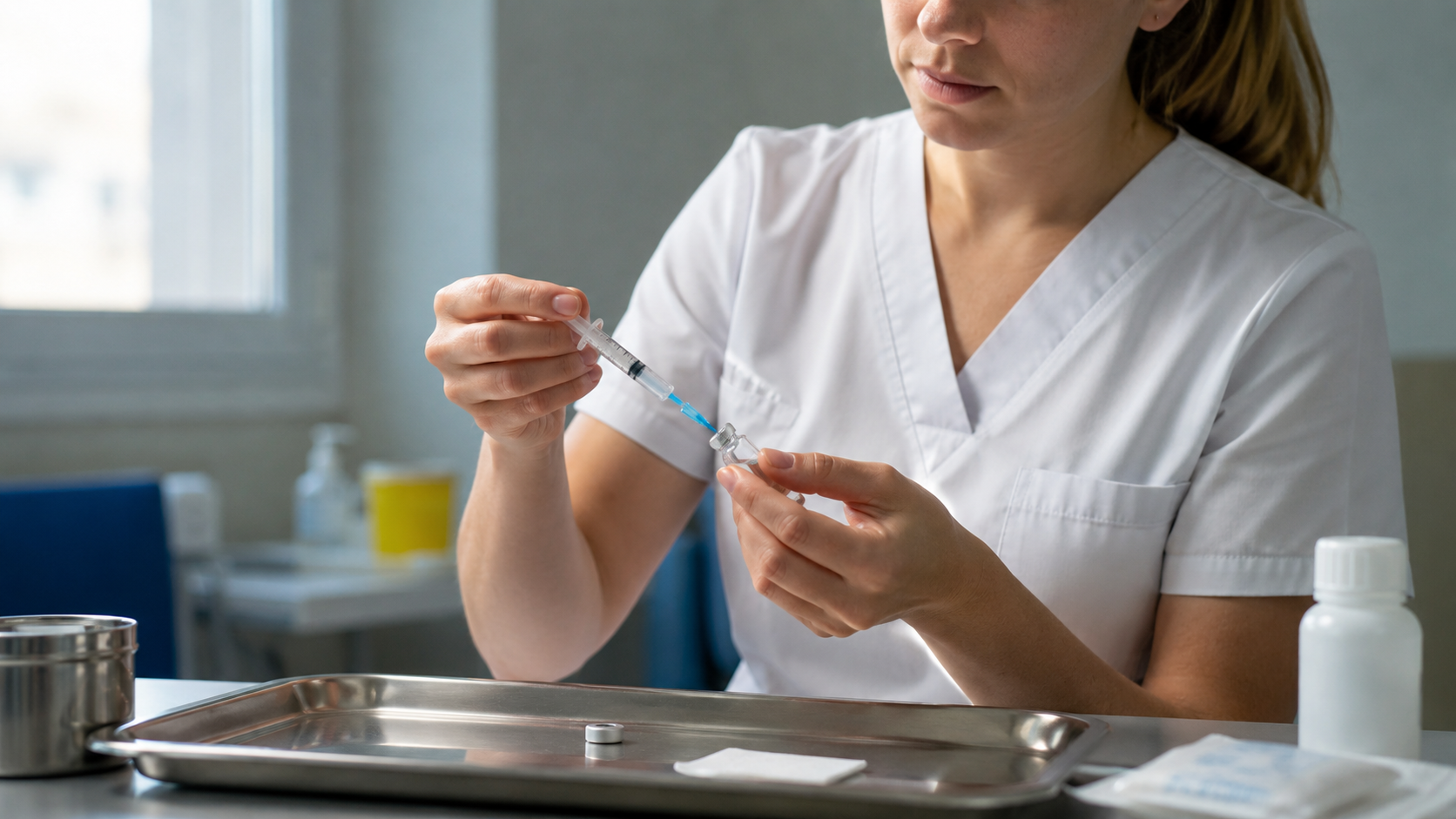Une infirmière prépare une seringue de vaccin antigrippal sur un plateau, dans une salle de repos d’hôpital.