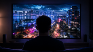 Personne de dos dans un salon sombre, devant un téléviseur qui diffuse une ville tropicale aux néons