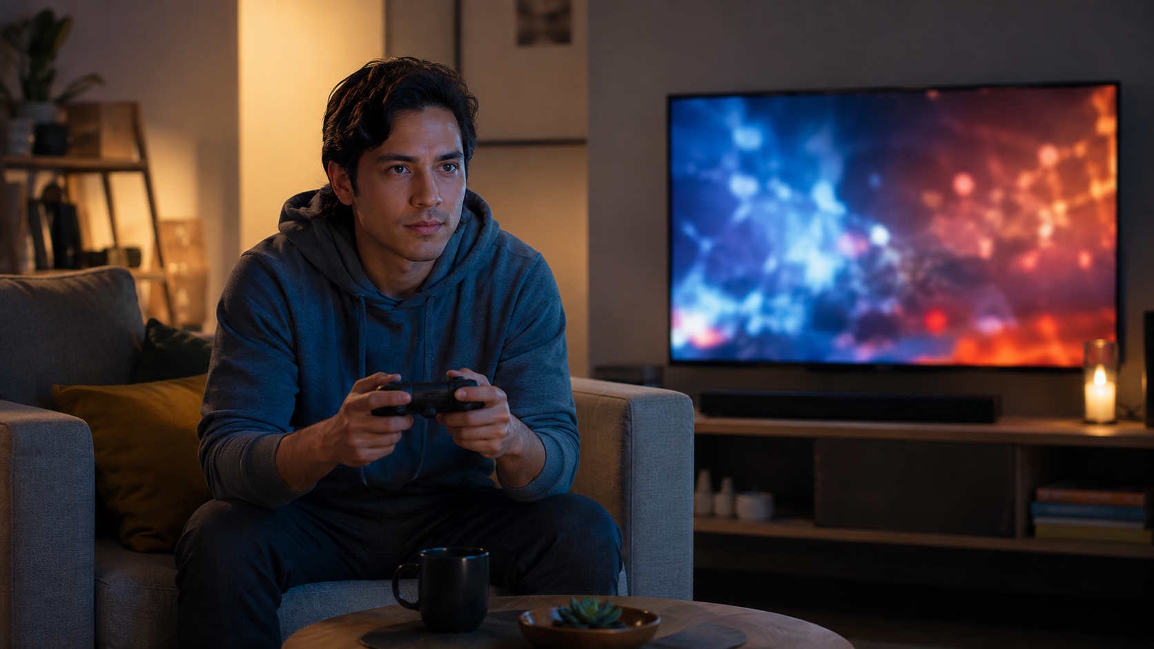 Mains tenant une manette de jeu devant un grand téléviseur allumé dans un salon, le soir.